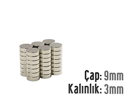 Neodyum Mıknatıs Silindir Çap 9mm , Kalınlık 3mm   ( 10 Adet)