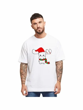 Modi Green Yılbaşı Noel Ren Geyiği Baskılı Kısa Kollu Oversize Bisiklet Yaka T-shirt - Beyaz