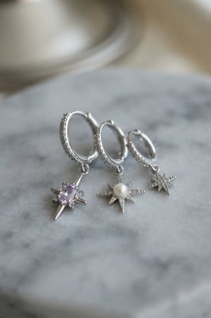 3'lü Set Küpe Gümüş Renk Kutup Yıldızı Model Zirkon Taşlı