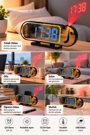 LED Dijital Masa Saati Şık Tasarım Alarm Özelliği Parlaklık Ayarı Sıcaklık ve 12 24 Saat Gösterimi