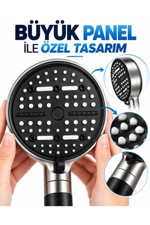 Modern Tasarımlı 6 Modlu Filtreli Duş Başlığı Büyük Panel Metalik Siyah Duş Aparatı