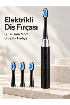 Hassas ve Masaj Modlu Siyah Elektrikli Diş Fırçası USB Şarjlı 3 Başlık Hediyeli