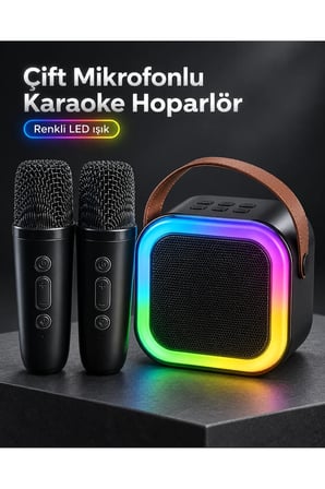 Taşıma Askılı Siyah LED Işıklı Bluetooth Hoparlör Çift Mikrofonlu Karaoke Seti