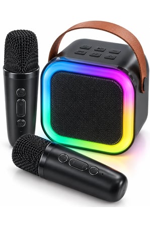 Taşıma Askılı Siyah LED Işıklı Bluetooth Hoparlör Çift Mikrofonlu Karaoke Seti