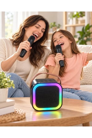 Taşıma Askılı Siyah LED Işıklı Bluetooth Hoparlör Çift Mikrofonlu Karaoke Seti