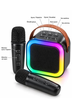 Taşıma Askılı Siyah LED Işıklı Bluetooth Hoparlör Çift Mikrofonlu Karaoke Seti