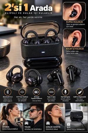 4 Kulaklıklı Kablosuz Bluetooth Kulaklık Klipsli ve Kulak İçi Kullanım 2’si 1 Arada Hi Fi Yüksek Ses Kalitesi Dokunmatik Kontrol Şarj Kutusu Siyah