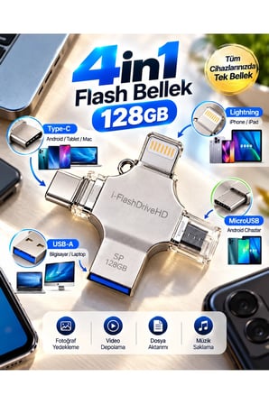 128GB 4’lü Girişli Flash Bellek Lightning Type-C USB-A MicroUSB Telefon Tablet Bilgisayar Uyumlu