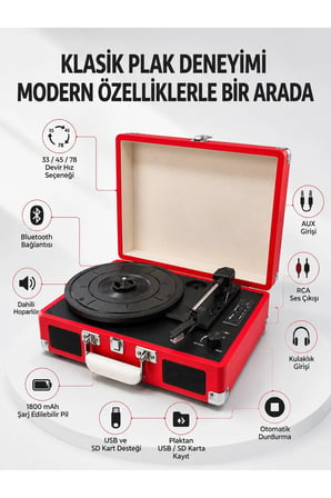 Taşınabilir Bavul Tipi Pikap Bluetooth Özellikli Dahili Hoparlörlü USB ve SD Kart Destekli Kırmızı