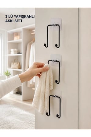 3'lü Duvar Tipi Yapışkanlı Askılık Ev ve Yaşam Alanları İçin Pratik Set