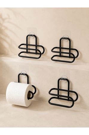 Siyah 4 Adet Metal Tuvalet Kağıdı Tutucu Kendinden Yapışkanlı Delmeden Montaj Banyo Askısı