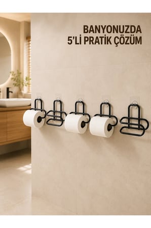 5 Adet Duvara Yapışkanlı WC Kağıtlık Delmeden Montaj Siyah Metal Tuvalet Kağıdı Askısı