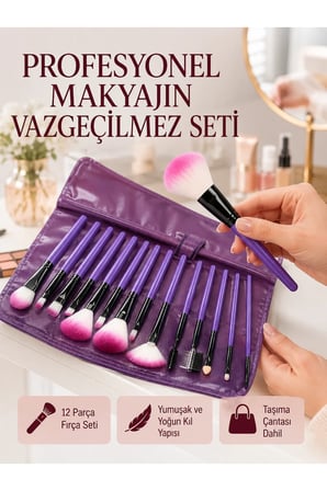 Doğal Görünüm Sağlayan Yumuşak Kıllı 12 Parça Makyaj Fırça Seti Günlük ve Profesyonel Kullanıma Uygun