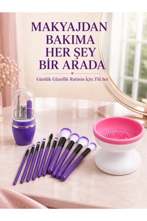 3’lü Güzellik ve Bakım Seti 12’li Mor Makyaj Fırçası Fırça Temizleme Cihazı ve Manikür Pedikür Tırnak Bakım Seti