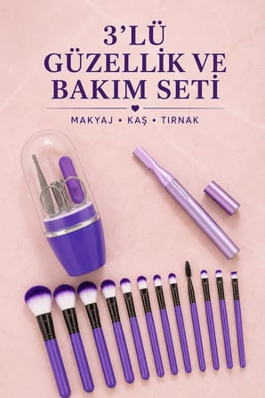 12’li Makyaj Fırça Seti Kaş Düzeltme Cihazı ve Tırnak Bakım Seti 3’lü Kadın Güzellik ve Kişisel Bakım Seti