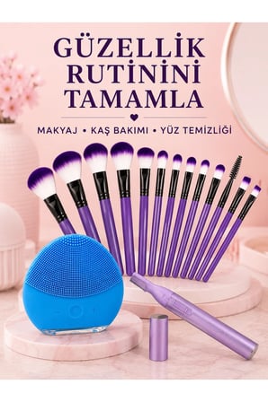 Kadın Güzellik Seti 12’li Mor Makyaj Fırçası Kaş Düzeltici ve Silikon Yüz Temizleme Cihazı Cilt Bakım Seti