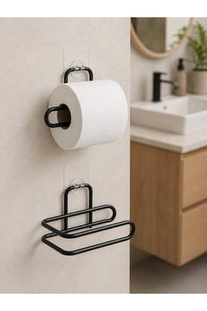 2’li Yapışkanlı Tuvalet Kağıdı Tutucu Siyah Metal Duvar Tipi Rulo Kağıtlık
