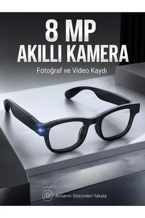 Siyah Bluetooth Akıllı Kamera Gözlüğü 8 MP Kameralı AI Çeviri Wi-Fi Fotoğraf Video Müzik Arama ve Dokunmatik Kontrollü