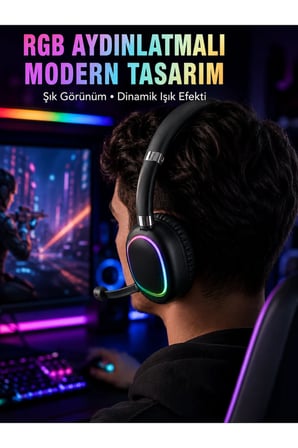 RGB Işıklı Bluetooth Mikrofonlu Kulaklık Uzun Süreli Kullanım Type-C Şarjlı
