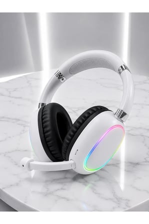 Beyaz Bluetooth 5.0 Mikrofonlu Kablosuz Kulak Üstü Kulaklık RGB Işıklı Type-C Şarjlı