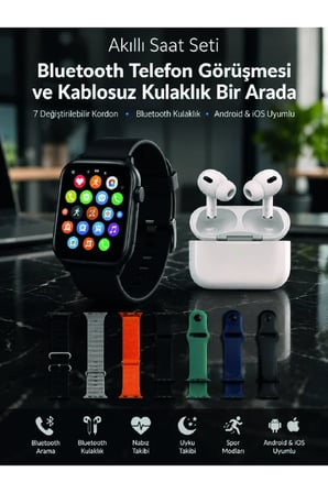 Bluetooth Telefon Görüşmeli Akıllı Saat Seti Kablosuz Bluetooth Kulaklık 7 Değiştirilebilir Kordon