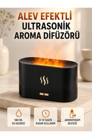 Ultrasonik Aromaterapi Difüzörü 180 ML Hazneli Dekoratif Alev Efektli Nemlendirici