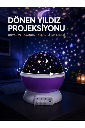 Yıldız Projeksiyon Lambası Döner Başlıklı Renkli Çocuk Odası Gece Işığı