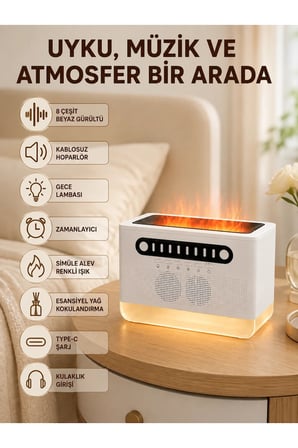 8 Çeşit Beyaz Gürültülü Kablosuz Hoparlör ve Renkli Alev Efektli Gece Lambası