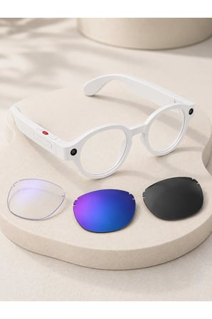Beyaz 3 Lensli Akıllı Kamera Gözlüğü Yapay Zeka Sesli Asistan Görüntü Tanıma Bluetooth Görüşme ve Müzik Özellikli