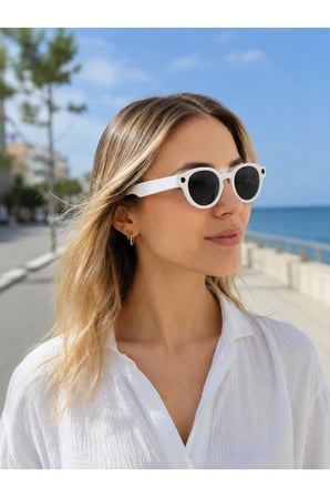 Beyaz 3 Lensli Akıllı Kamera Gözlüğü Yapay Zeka Sesli Asistan Görüntü Tanıma Bluetooth Görüşme ve Müzik Özellikli