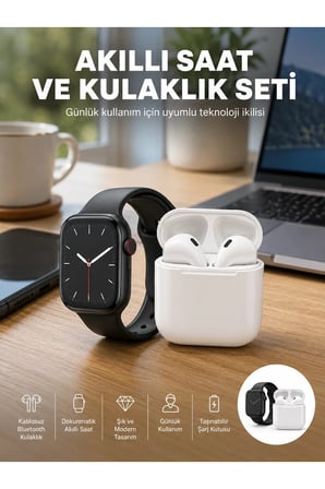 Akıllı Saat Gümüş Kasa Bluetooth Kulaklık Hediyeli Çok Fonksiyonlu İkili Set