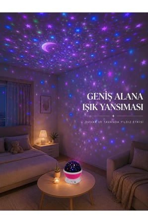 Yıldızlı Gökyüzü Projektörü Pembe Renkli Döner Çocuk Odası Gece Lambası