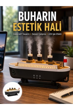 Dekoratif Gemi Modeli 7 Renk Işıklı Hava Nemlendirici ve Oda Kokusu Difüzörü Yeni Nesil