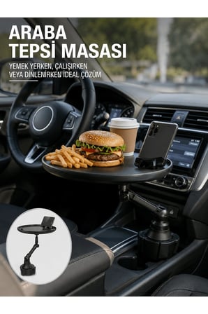 Araç İçi 360° Ayarlanabilir Bardaklık Tepsisi Geniş Yüzeyli ve Telefon Standlı Yeni Nesil