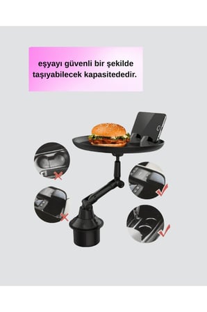 Araç İçi 360° Ayarlanabilir Bardaklık Tepsisi Geniş Yüzeyli ve Telefon Standlı Yeni Nesil