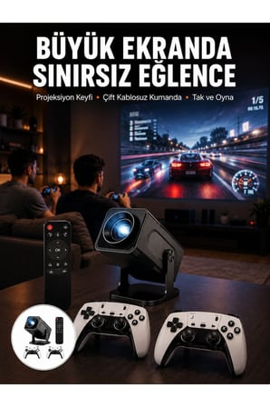 Çift Kollu Game Box Projeksiyon Cihazı Kumandalı Android Tv Dahili Hoparlör Yeni Nesil