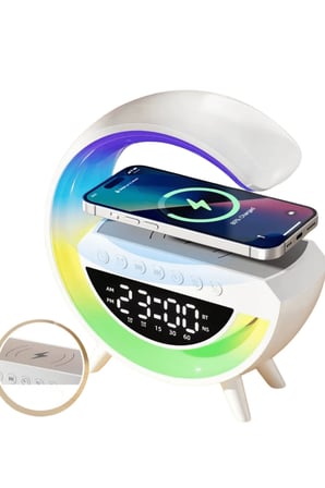 Kablosuz Şarjlı LED Işıklı Masa Saati Bluetooth Hoparlör Alarm Fonksiyonlu