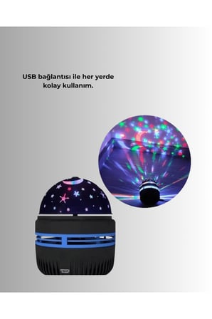 Döner Galaxy Projektör Gece Lambası – Ay ve Yıldız Işıklı Atmosfer Lamba, USB Bağlantılı
