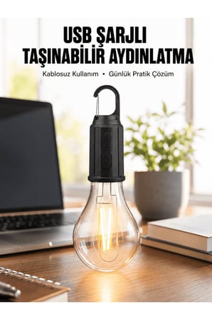 Şarjlı Dekoratif Kamp Lambası Askılı Ampul Led Işık Type-C Girişli