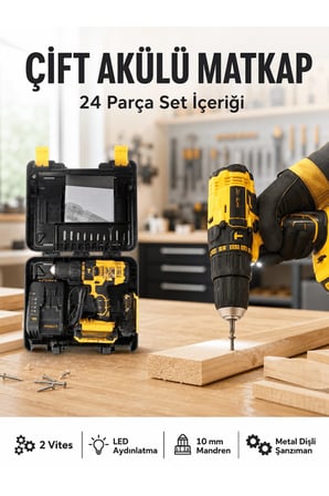 Matkap Seti 24 Parça Çift Bataryalı Darbeli Led Işıklı Vidalama Yeni Nesil