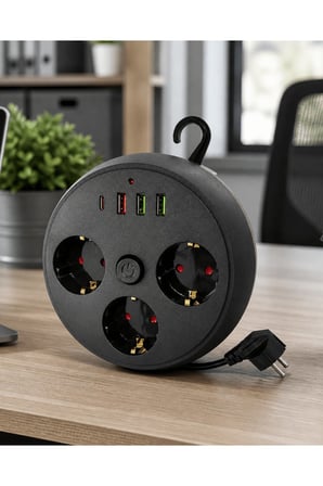 Akım Korumalı Çoklu Priz 3 Priz 3 USB 1 Type C 2 Metre Kablo Güvenli Şarj