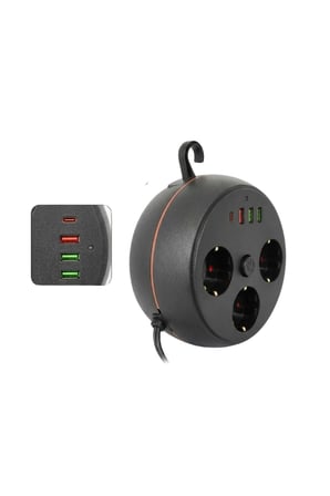Akım Korumalı Çoklu Priz 3 Priz 3 USB 1 Type C 2 Metre Kablo Güvenli Şarj