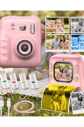 Çocuk Dijital Fotoğraf Makinesi Anında Baskı ve HD Video Kayıt Özellikli 5 kalem ve 4 rulo kağıt hediye