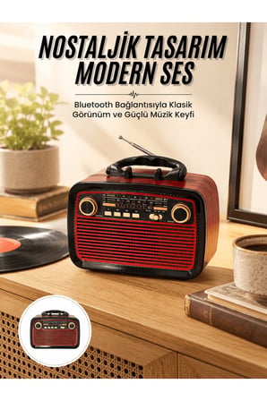 Nostalji Radyo Bluetooth Hoparlör USB-SD Kart Giriş Led Fener Işıklı Bataryalı Pilli Yeni Nesil