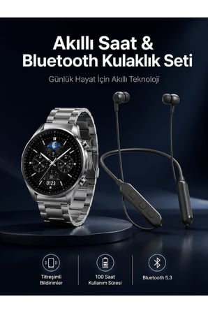 Alarm ve Titreşim Özellikli Akıllı Saat ve Mikrofonlu Kablolu Bluetooth Kulaklık 60 Saat