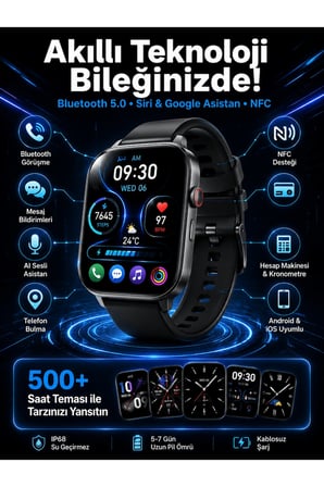 Akıllı Saat Tema Değiştirme Uyku ve Sağlık Takibi Sesli Asistan Bildirim Görme Yeni Nesil