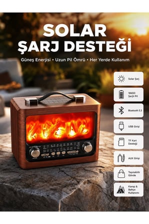 Taşınabilir Şömine Görünümlü Bluetooth Hoparlör – Solar Şarjlı, Alev Işıklı, 7W Ses