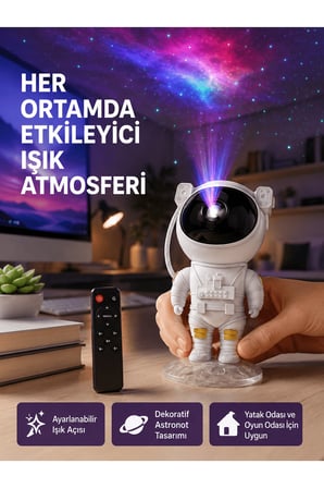 Astronot Yıldız Projeksiyon Lambası 8 Efektli Uzaktan Kumandalı Gece Işığı