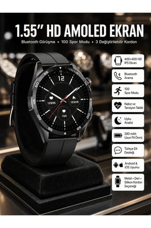 Amoled Ekran 3 Kordonlu Akıllı Saat 5.0 Bluetooth Bağlantılı Android ve İOS Uyumlu