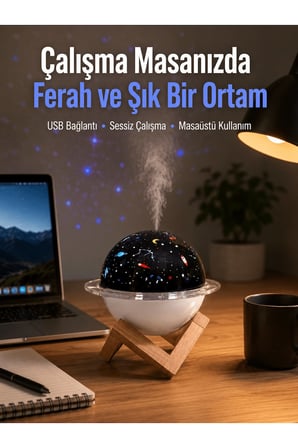 Projektör ışıklı ve aromaterapi destekli taşınabilir nemlendirici cihaz USB bağlantılı